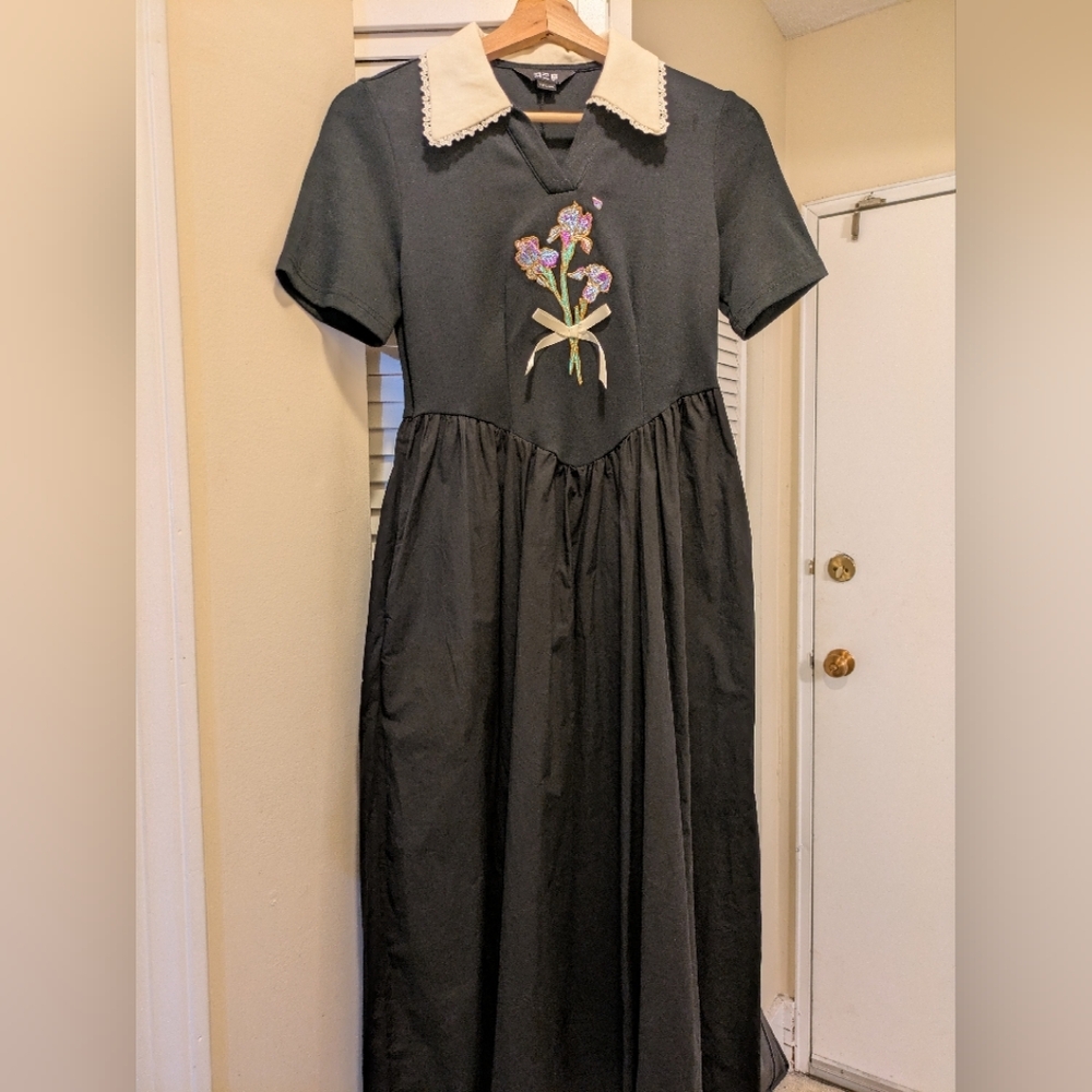 Charming Black Midi Dress with Floral Embroidery (Van Gogh irises)
